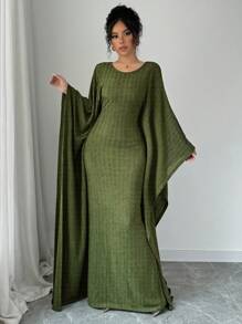 Elenzga Women's Elegant Solid Color Loose Casual Pleated Ruffle Fabric Solid Color Round Neck Batwing Sleeve Dress Maxi Women Outfit - Green - View 6
