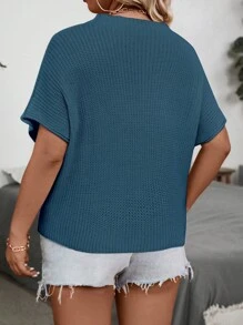 Franclia Plus Size Women's Casual Solid Round Neck Batwing Short Sleeve Pocket Loose Knit Sweater, Spring Autumn