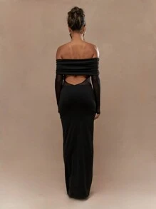 MISSGUIDED Sheer Mesh Long Sleeves Bodycon Bardot Maxi Dress - Black - View 2