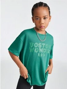 SHEIN Tween Girls' Knit Solid Color Drop Shoulder Short Sleeve T-Shirt And Shorts Casual 2pcs/Set With Letter Print Design - Green - View 6