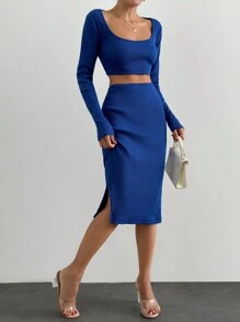 Square Neck Crop Tee & Split Thigh Skirt - Blue - View 5
