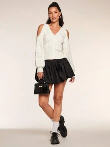 Glamine Women's Solid Color Front Button Open Shoulder Long Sleeve Minimalist Casual Blouse