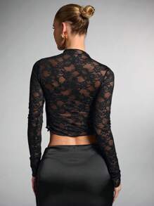 SHEIN BAE Women's Black Lace Glitter Decor Sheer See-Through Long Sleeve Tight Blouse For Dates, Halloween, Party, Clubbing