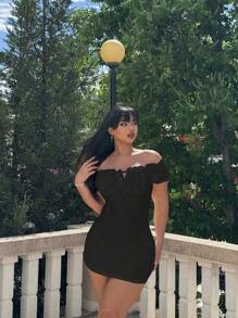 Sunnyshic Plus Size Solid Color Off-Shoulder Dress With Chest Pleats, Knitting Jacquard Fabric, Summer Vacation Beach Outfits Women