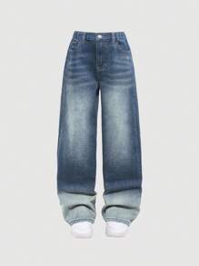 SHEIN Explorewe Tween Girls Y2K 复古风格宽松时尚百搭阔腿牛仔裤 - 中等水洗藍 - 查看 1