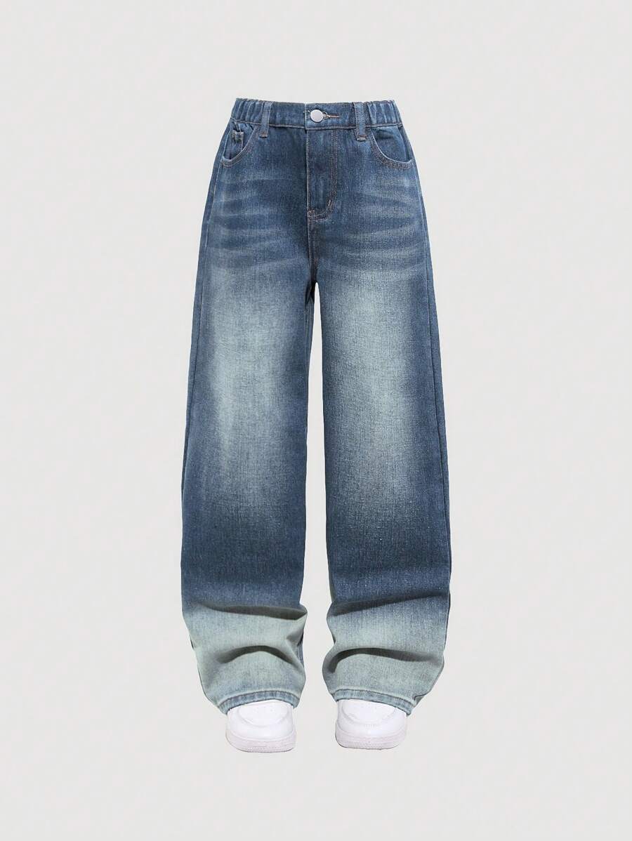 SHEIN Explorewe Tween Girls Y2K 复古风格宽松时尚百搭阔腿牛仔裤 - 中等水洗藍 - 查看 1