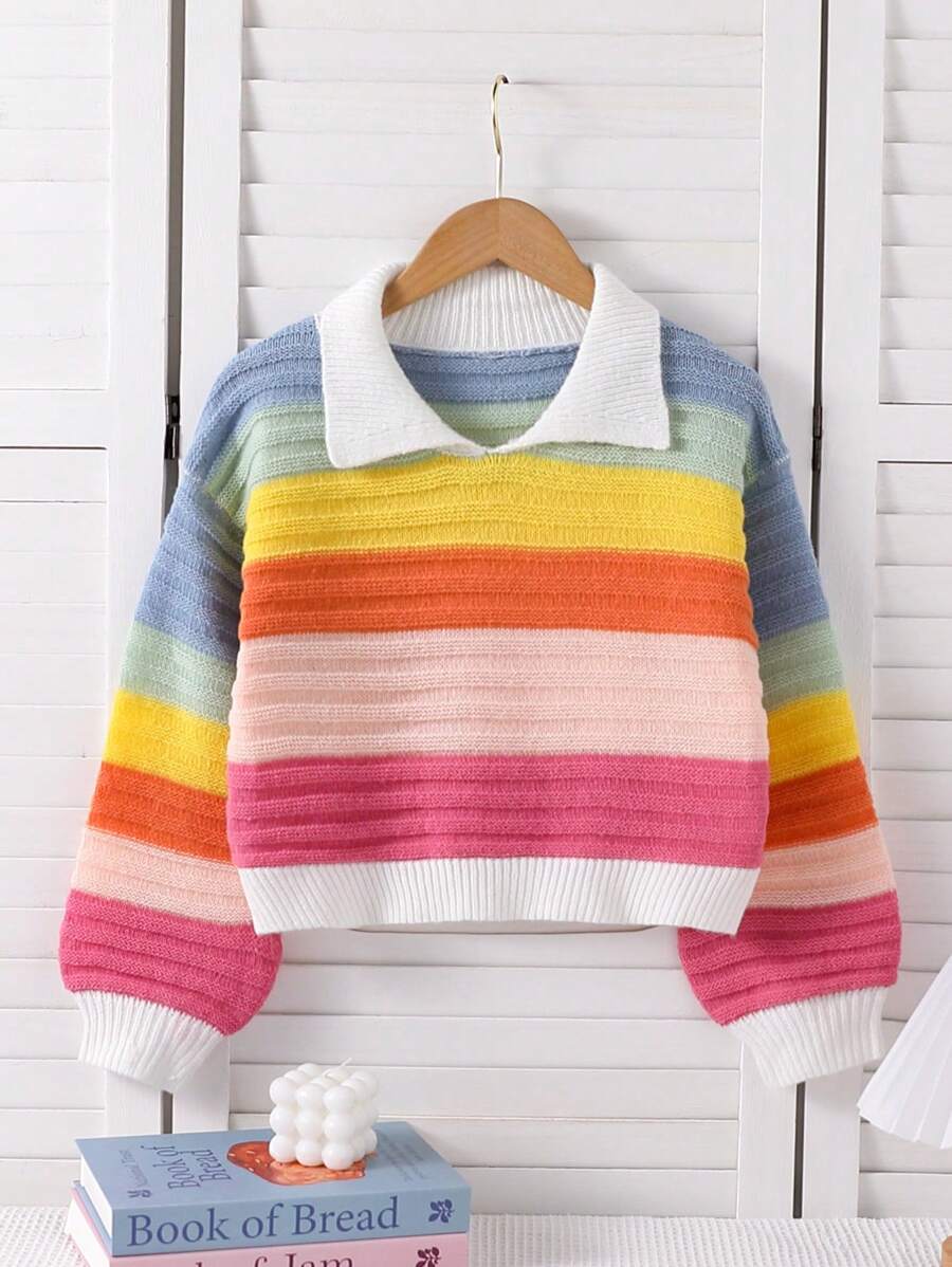 Tween Girl Autumn/Winter Colorful Striped Turtleneck Loose Casual Sweater Pullover, Thick Fuzzy, Suitable For Outdoor Activities, Parties And Casual Outings