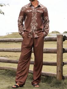 Manfinity RSRT 2pcs Men's Front Button Long Sleeve Printed Casual Shirt And Trousers Vacation Outfit Set ,Men Two Pieces Outfits ,Western Cowboy-Themed Printed Long-Sleeve Shirt And Pants Set In Brown ,Brown Pants