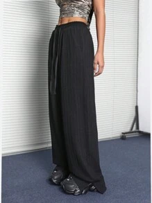 SHEIN EZwear Women's Streetwear Casual Goth Casual Drawstring Waist Straight-Leg Jogger Pants With Textured Fabric - Black - View 3