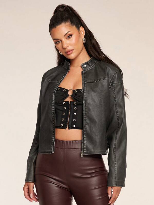 Glamine Chaqueta casual de manga larga con cuello alto y cremallera, de unicolor