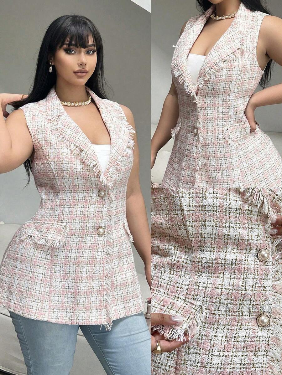 Celure Collarless Sleeveless Buttoned Fringed Colorblocked Blazer, Casual Commuting Party Date Elegant Plus Size Coat - Pink - View 1