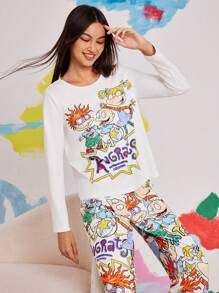 Nick 90s X SHEIN Conjunto de pijama con top y pantalones con estampado de dibujos animados para mujer