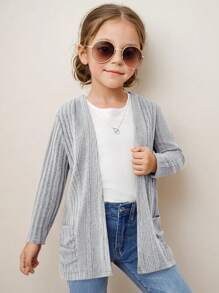 SHEIN Young Girl 1pc Solid Color Knitted Open Front Coat With Pocket, Autumn And Winter, Soft & Comfortable, Back-To-School, College Style, Daily Wear, Preppy, Vintage Fall (9),Winter (2),Grey