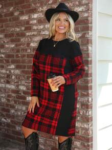SHEIN LUNE Plus Size Autumn Winter Casual Patchwork Red Plaid Dress, Holiday Christmas Women Dresses