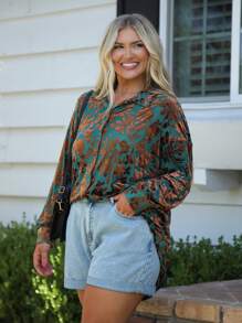 SHEIN LUNE Winter Clothes Velvet Laser Burn Patchwork Long Sleeve Plus Size Shirt