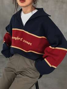 FRIFUL Women Contrast Color Letter Fleeced Loose Sweater,Fall Women Clothes,Winter