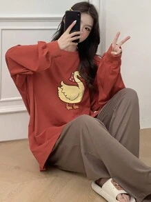 DAZY Cute Animal Pattern Embroidered Loose Lounge Set, Cozy Outfits, Fall Winter Clothes - Red - View 1