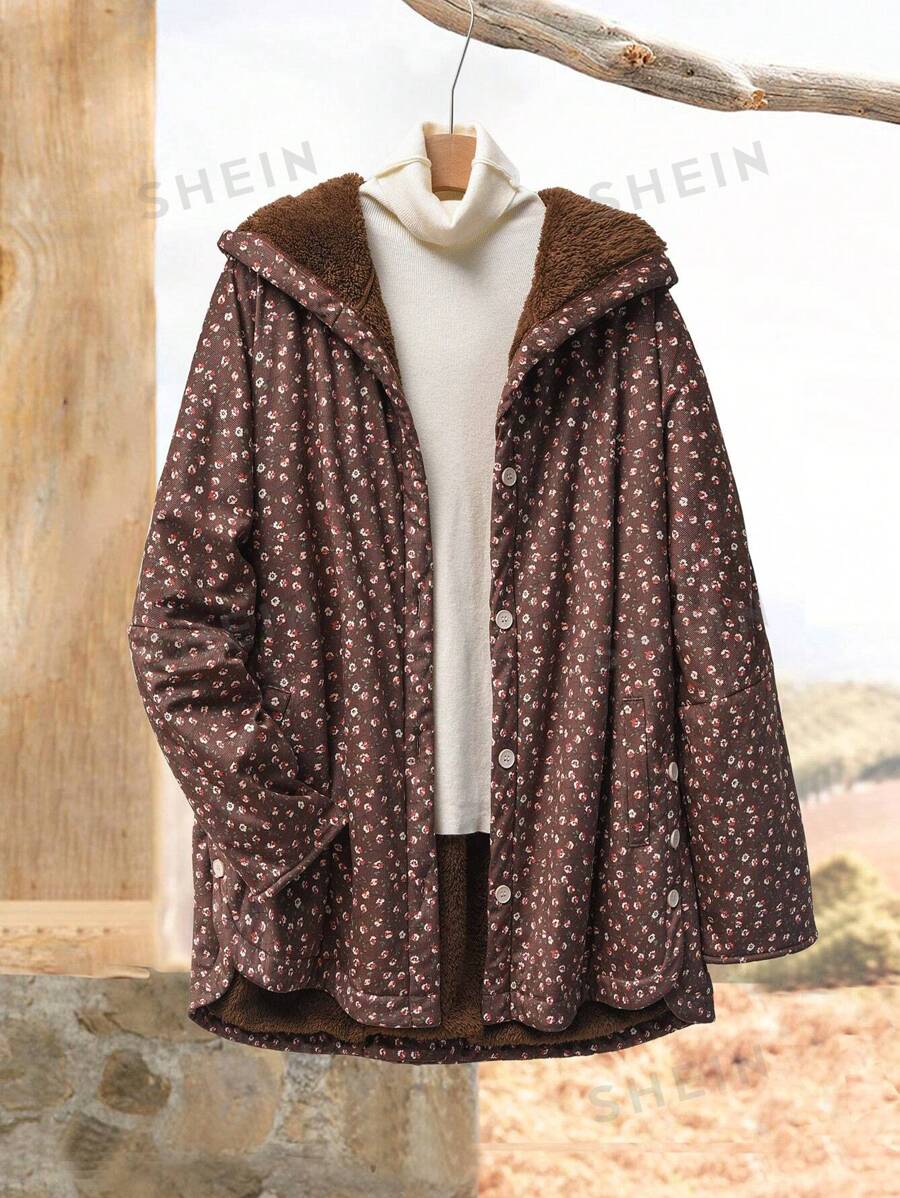 EMERY ROSE Chaqueta con capucha de felpa de pana con estampado completo para mujer