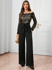 SHEIN Clasi Women's Off-Shoulder Floral Lace Tie-Waist Jumpsuit For Spring And Autumn
