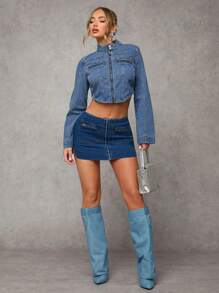 SHEIN BAE Women's Denim Mini Skirt, Sexy Low-Waist Bodycon, Blue - Dark Wash - View 4
