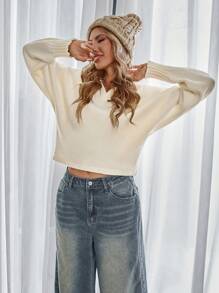 GENKIRA French Casual Relaxed POLO V-Neck Chunky Textured Knit Long Sleeve Pullover Sweater, Fall/Winter Knit Pullover - Beige - View 3