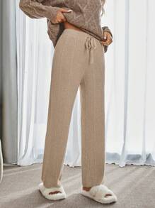 GENKIRA Pantalón ancho de cintura alta de punto acanalado para mujer, suave y elástico, pantalón casual versátil - Caqui - Ver 4