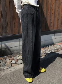 FRIFUL Jeans de mujer rectos y relajados de pierna ancha, lavados, para otoño, pantalones vaqueros holgados - Negro - Ver 2