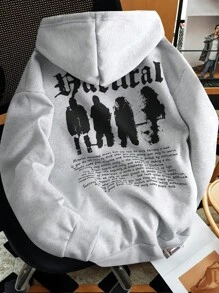 Manfinity Hypemode Sudadera con capucha holgada para hombres con gráficos de eslogan, hombros caídos, cordón ajustable, manga larga, color gris claro, para salidas, regalo para amigos, esposo, novio