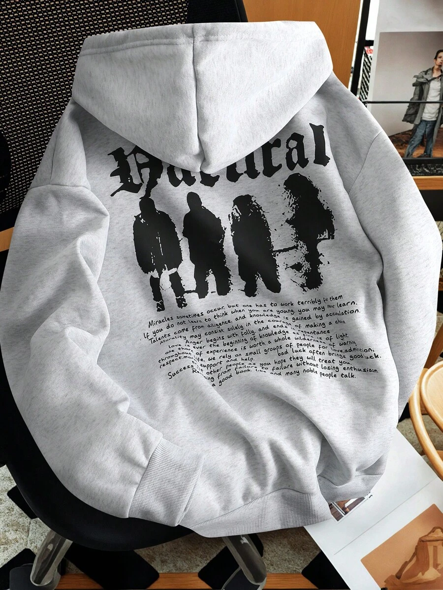 Manfinity Hypemode Sudadera con capucha holgada para hombres con gráficos de eslogan, hombros caídos, cordón ajustable, manga larga, color gris claro, para salidas, regalo para amigos, esposo, novio