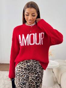 Chiquease Women Red Round Neck Long Sleeve Letter Pattern Sweater, Knit Pullover Fall Winter - Red - View 5