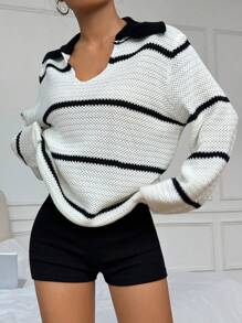 SHEIN Unity 女士休闲条纹V领针织套头衫，秋冬款 - 彩色 - 查看 5