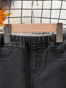 SHEIN 女婴南瓜图案保暖内衬黑色牛仔裤，抓绒加厚服装高弹牛仔裤，秋冬装，万圣节装 - 深灰色 - 查看 5