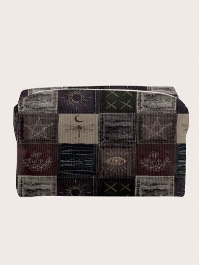 ROMWE Fairycore Vintage Patchwork Mönster Octagon Velvet Cosmetic Bag