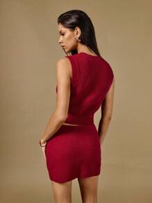 Poéselle Women's Red Sweater Sets Sleeveless Sweater Vest And Knit Mini Skirt Set, Fall/Summer Elegant Wedding Women Set Birthday Outfit Women Basics Vintage Romance Set Halloween Costume Office Wear