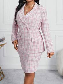 SHEIN Lady Autumn And Winter Elegant Pink Knitted V Neck Long Sleeve New Product Women Two-Piece Outfits Plus Size Fluffy Coats Two Piece Fall Outfits Women Skirt Set Blazer Set