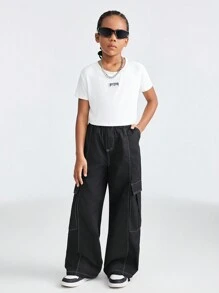 SHEIN Sportliches Crop Top und Utility Hose Set in loser Passform für Tween Mädchen, 2 Stück - Schwarz und Weiss - Übersicht 7