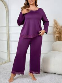 大码蕾丝拼布长袖睡衣套装