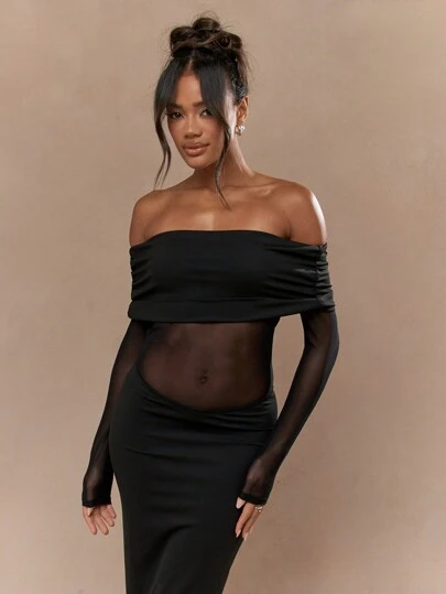 black ruched mesh bardot bodycon dress Black Mesh Ruched Bardot Mini Dress main image 1