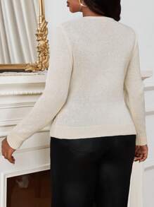 SHEIN Lady Autumn And Winter Elegant Casual Modest Work Vintage Office Beige Champagne Worsted Depp V Neck Zipper New Product Long Sleeve Plus Size Sweaters - Apricot - View 2