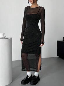 SHEIN EZwear 大码黑色透明网眼覆盖衬里连衣裙，春夏 - 黑色 - 查看 5