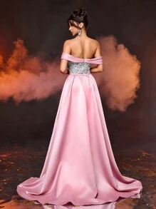 SHEIN X Izzy Darnell Glamrae Elegant, Gorgeous And Luxurious Off-Shoulder Gradient Pink And Silver Sequin Stitched Satin High-Slit Fishtail Dress With Removable Large Floating Panel A-Hem Suitable For Weddings, Events, Parties, Holidays And Formal Events, Holiday Prom Dinner Dresses (Heavily Decorated), Evening Gown, For Wedding Guest, Graduation Party Dress - Dusty Pink - View 3