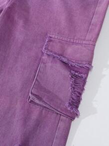 SHEIN Explorewe Tween Girls Elastic Waist Street Punk Ripped Distressed Loose Comfy Multi-Pocket Purple Denim Cargo Pants - Purple - View 6