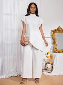 SHEIN Lady 四季两件套女装套装 秋季两件套休闲优雅女士白色编织立领优雅叠穿女士秋季套装 新款女士两件套 女士休闲两件套 - 白色 - 查看 4