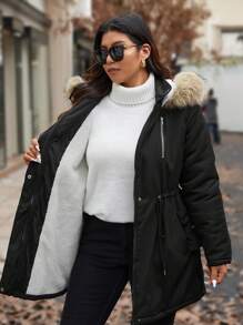 Calvaya Manteau matelassé casual à capuche à cordon de serrage en patchwork avec fausse fourrure pour femmes grandes tailles