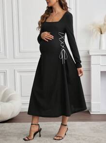 SHEIN Maternity Solid Color Square Neck Lace Up Elegant Long Sleeve Dress - Black - View 4