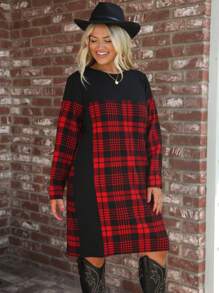 SHEIN LUNE Plus Size Autumn Winter Casual Patchwork Red Plaid Dress, Holiday Christmas Women Dresses