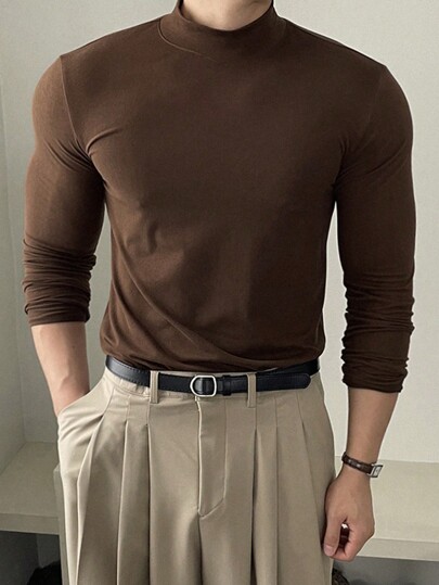 SHEIN X Scheana DAZY Men's Solid Color Stand Collar Long Sleeve Casual Thermal T-Shirt With Thermal Lined, Autumn