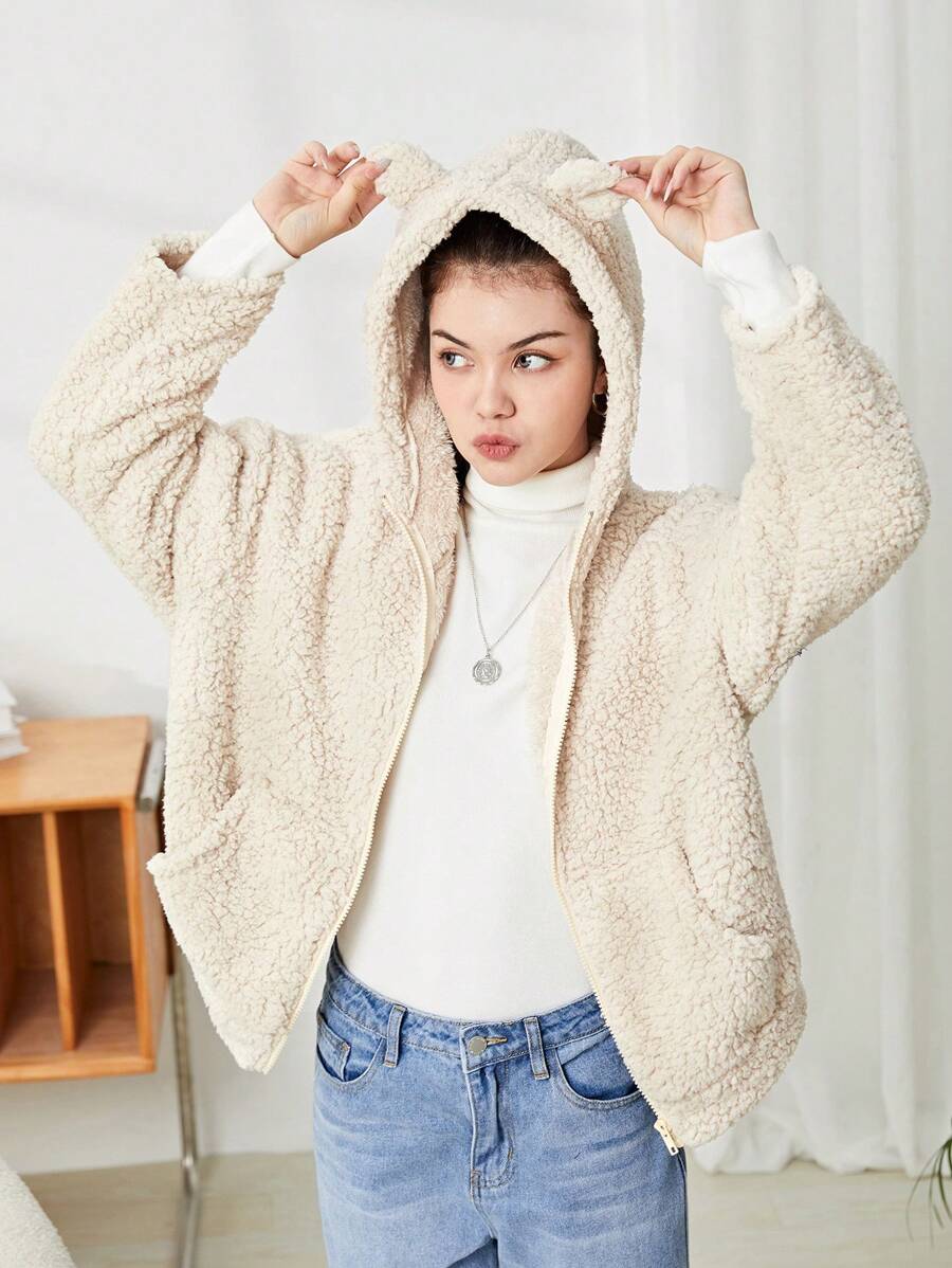 SHEIN 少女纯色袋装口袋连帽宽松休闲夹克 - 杏色 - 查看 1