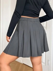 SHEIN EZwear Falda corta informal plisada gris para mujer de talla grande - Gris - Ver 2