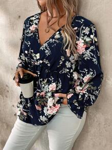 EMERY ROSE Camisa de talla grande con estampado floral todo sobre para otoño, top con volante